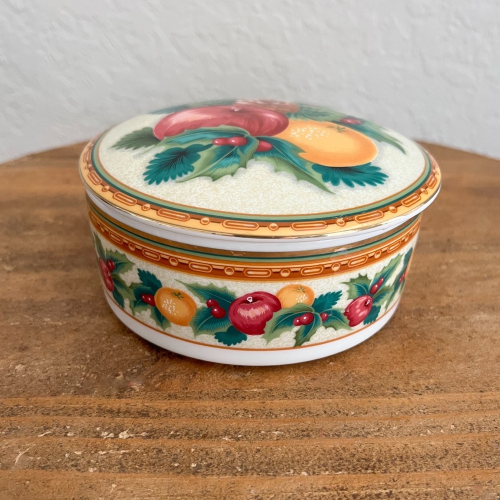 MIKASA Holiday Fruit Pattern Trinket Box Round Lidded Jewelry Porcelain